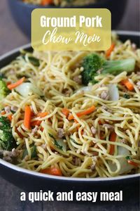 Making Pork Chow Mein at home is quick and easy. Tender-crisp veggies, a sweet savory sauce and meaty ground pork makes up a flavorful weekday dish! #porkchowmein #asiannoodledish