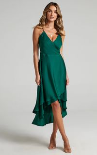 Between Fantasy Dress in Emerald Satin | Showpo