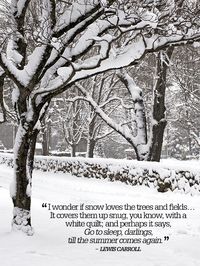 "I wonder if snow loves the trees and fields...It covers them up snug, you know, with a white quilt; and perhaps it says, Go to sleep, dealings, till the summer comes again."   - CountryLiving.com