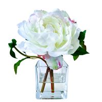 This gorgeous single stem real touch white peony flower arrangement in glass vase includes one luscious white peony flower and one peony bud. Add elegance to any room with this beautiful piece, perfect addition to a bedroom nightstand, office or bathroom decor. #peonyflowerarrangement #silkflowerarrangement #homedecor #bedroomdecor #silkflowerarrangment #luxuryhomedecor