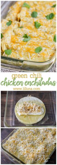 One of our favorite Mexican dishes - Green Chile Chicken Enchiladas recipe!! Corn tortillas stuffed with chicken, cheese, las palmas green chile enchilada sauce, sour cream, and green chiles, topped with more sauce and cheese!