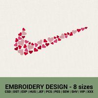 Nike Swoosh Valntine’s hearts machine embroidery designs instant downloads