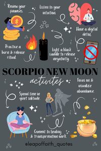 Activities and ritual ideas for the New Moon in Scorpio. #astrology #newmooninscorpio #scorpionewmoon#ritualideas #scorpionewmoonactivities