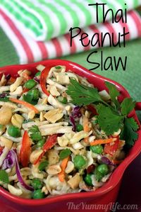 Thai Peanut Slaw - only 95 calories - a healthy side, main dish, or wrap filling. Make ahead for quick grab-and-go lunches. TheYummyLife.com