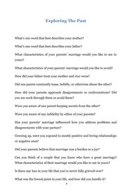 +200 Thought-Provoking Questions for Couples WHAT IS INCLUDED? How to Use These Questions Exploring The Past Childhood Parents and In-Laws Pets Exes and Past Relationships Relating to Others Children Personal Profile Viewpoints Do You Mind? Careers Finances Daily Routine Leisure Time Emotional Intimacy Physical Intimacy Politics Religion and Spirituality Your Wedding Couples Fun Games and more..