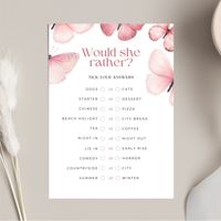 Make your bridal shower or bachelorette party a hit with the 'Lifetime of Butterflies' themed Would She Rather game! This printable bridal game download is perfect for a fun and memorable hen party. Gather your friends and see who knows the bride best by answering questions about the bride. This editable bridal shower template is ready for you to edit straight away in Canva. The template is fully customizable - you can personalize it for the bride-to-be by changing the colours, fonts and adding