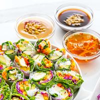 Three classic spring roll dipping sauces that are sweet, tangy & flavorful! Ready in under 5 minutes! Included are a creamy peanut sauce, tangy Vietnamese fish sauce & sweet hoisin sauce.