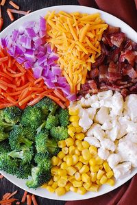 Creamy Broccoli, Cauliflower, Corn, Bacon Salad with Carrots, Cheddar Cheese and Red Onions