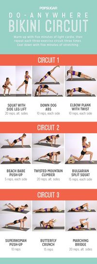 Printable, Do-Anywhere Bikini Workout - You can work out anywhere! Tone all over with this printable strength-training plan. The only equipment you need is your body, so no excuses! If one of the moves is new to you, don't skip it: you can learn the details of each move here.