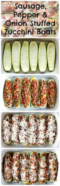 Sausage, Pepper, and Onion Stuffed Zucchini Boats are a twist on the classic northern dish, made by swapping the roll with bright and fresh zucchini boats! | thetwobiteclub.com | #JDFamilyTable #ad