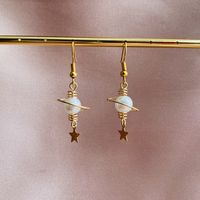 White Pearl Planets Galaxy with Golden Star Drops Dangled Earrings, Handmade Sci Fi Earrings, For Sci Fi Fans