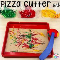 Pizza cutter art (open ended art) plus more pizza centers for preschool, pre-k, and kindergarten students to practice math, literacy, fine motor, sensory, and more!