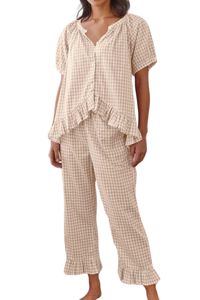 PRICES MAY VARY. ♥Material:This gingham lounge set is made of high-quality fabric. It is soft, skin-friendly, and stretchy. Y2K plaid pajama set is relaxed fit and comfortable to wear ♥Features:Women 2 piece loungewear set, cute and classic plaid pattern, button down shirt with short sleeve,chic ruffle hem,v-neck, cropped length, matching with high wiast wide leg lounge pants, two piece gingham set for women. ♥Versatile Occasions:Women ruffle pajama set, cute pajamas perfect for daily casual, ni