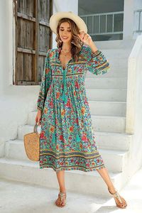 Embrace the bohemian trend with the R.Vivimos Women's Long Sleeve Floral Print Retro V Neck Tassel Bohemian Midi Dress. This stunning dress features a deep V-neck, front tie at the neckline, and long sleeves with ruched cuffs. Made from a soft 60% cotton blend, it's perfect for any occasion. Whether you're heading to the beach, going on a vacation, just out for a casual day, this dress is a must-have addition to your wardrobe. Click the link to shop now. #BohemianDress #MidiDress #WomenFashion