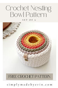 How excited are you to try the next FREE crochet pattern in the crochet basket series?!! We're on basket #7, The Crochet Nesting Bowl Pattern. The pattern is rated advanced beginner and worked in a continuous round, using only half double and single crochet stitches. The pattern comes in a set of 6 baskets/bowls that nest nicely within each other.