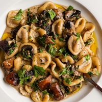 Orecchiette in a creamy white wine and herby mushroom sauce with Yealands Reserve Pinot Gris. | Yealands