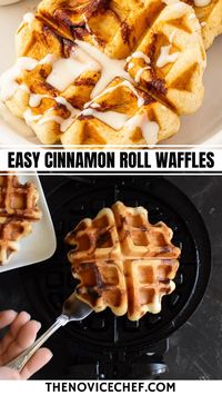 These easy Cinnamon Roll Waffles are made with canned cinnamon rolls & a drool-worthy homemade maple cream cheese syrup. Brunch is served!