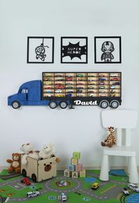 Buckle up: this shelving unit is what you need to show off your kid's toy car collection! Kids and their toy cars - you know how it goes! Instead of stepping over their precious pieces or dumping them in a box, we created the most beautiful, eye-catching model toy storage that will organize your kids' room and make life easier for all the family! Our truck-shaped shelving to display for collectibles consist of two parts: the Cabin and Trailer, which are safely connected. Toy Storage and Organize