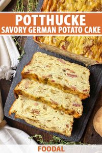 German Potthucke is a savory baked loaf or cake made with simple ingredients. Baked until fluffy and golden brown, this combination of mashed and shredded potatoes, crispy bacon, sauteed onions, cream, and eggs is a deliciously starchy side to serve as part of a hearty dinner. Read more. #potthucke #potatoes #foodal