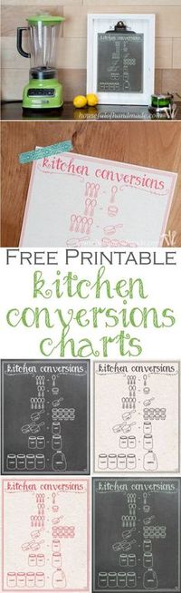 Free printable kitchen conversion charts make cooking easier! Four colors to choose from. Free download from Housefulofhandmade.com.