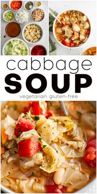 This delicious Vegetarian Cabbage Soup Recipe is both comforting and healthy! Filled with tender green cabbage, potatoes, mirepoix veggies, tomatoes, and white beans, it's so easy to make - all you need is one pot!