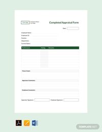 Instantly Download Free Completed Appraisal Form Template, Sample & Example in PDF, Microsoft Word (DOC), Microsoft Excel (XLS), Apple Pages, Apple Numbers Format. Available in A4 & US Sizes. Quickly Customize. Easily Editable & Printable.