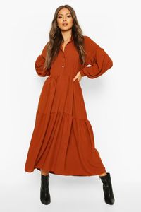 Womens Oversized Tiered Maxi Shirt Dress - orange - 4 - A classic play on a men's shirt, this shirtdress is perfect for adding tailored sophistication to your closet. This shirt dress is versatile, flattering, and effortlessly stylish for any event, complete with a stand-up collar and button-down front. Get dressed up and pair this dress with two-part heels for an evening of drinks with your girlfriends, or sandals for a chilled day in the back yard. Whatever your plans, this button-down shirt d