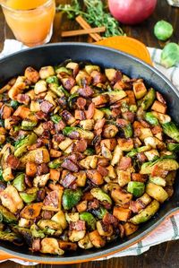 Chicken Apple Sweet Potato Skillet with Bacon and Brussels Sprouts. An easy, healthy one-pan dinner!