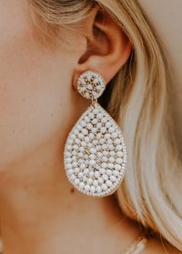 Beaded Teardrop Statement Earrings - White – Adorabelles