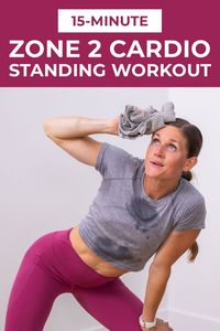 Improve your heart health, burn calories and increase overall fitness at home with this fun all-standing Zone 2 cardio workout! Zone 2 cardio (also sometimes called low intensity steady state cardio) is a form of training that increases aerobic fitness and endurance without putting too much strain on the joints. This accessible form of cardio is effective for everyone from beginners to advanced fitness enthusiasts.