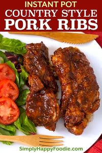 Instant Pot Country Style Ribs are super delicious and easy to make. You will get fork tender meat flavored with a tasty spice rub, and finished with tangy barbecue sauce. Pressure cooker country style pork ribs are a great weeknight meal that is ready in under an hour! Instant Pot recipes by simplyhappyfoodie.com #instantpotcountrystyleribs #instantpotribs #pressurecookercountrystyleribs #pressurecookerribs