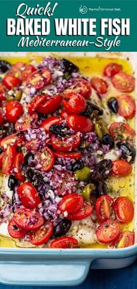 Loaded with bright Mediterranean flavors, this baked white fish ris seasoned with oregano and garlic and topped with a mixture of tomatoes, olives, and red onions. Ready in about 25 minutes! Great tips and video included with the recipe.