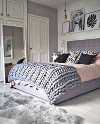 Scandi Bedroom in grey, gold and pink, and large knit blanket