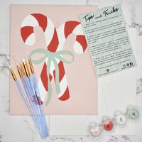 Complete paint by number kit depicting two Candy canes with a ribbon tied around them. This painting would make a lovely and simple piece of holiday art. Are you a beginner looking to try a new hobby, or an experienced painter? This paint kit is designed to be a good fit for beginners and children, but can still be enjoyed by those of various skill levels. For color and composition reference, see the last photo. Kit includes:    - 4 pre-mixed paint colors    - 1 canvas board (8x10") with image pre-drawn and numbered    - 5 paint brushes*    - 1 reference photo, with helpful tips and tricks for beginners on the back.    *You have to option to leave out the brushes for a slight discount.  Kits are already assembled and ready to ship out within 1-3 business days. I use calculated shipping on