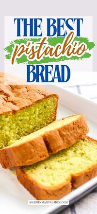 This moist pistachio bread recipe is the best! We make it multiple times throughout the year, but it's also a Christmas staple in our home. It's made with cake mix and pistachio pudding mix, so it's super easy to whip up. Bring it to holiday gatherings or give the loaves as homemade gifts.