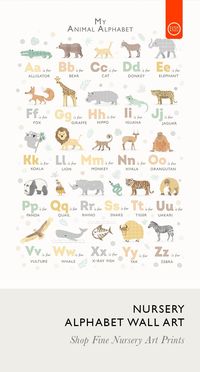 Creating an Animal Theme Room? This Personalised Alphabet Print is perfect to hang alone or on a gallery wall in the nursery. Beautifully illustrated it’s the perfect finishing touch for your little one's room - Click through to see our complete range! #animalnursery #animalnurserywallart #nurseryprints #alphabets