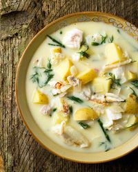 A Scandinavian fish chowder recipe, made with fish and seafood, plus an optional ingredient - whey - that adds tartness to the broth.