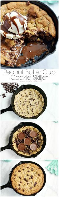 This Peanut butter cup cookie skillet is super easy to make and it is a dessert your whole family will love. Chocolate Chip cookie dough, peanut butter cups, and chocolate chips are melted together in a mini skillet for a dessert made for two.