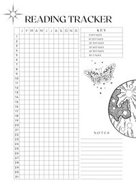 This is a reading tracker with a celestial theme! Moons, suns, stars and beautiful artwork decorates the different pages of this journal. It includes pages for monthly reading tracking, individual books, a to be read page, a section for quotes or thoughts and a 100 book challenge page. This PDF is easy to download and print or use digitally.