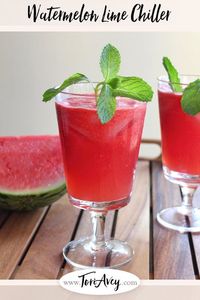 Watermelon Lime Chiller - This cool and refreshing summer drink is made with fresh watermelon, lime juice, sugar and rum. Can be made with alcohol or without. | ToriAvey.com #refreshing #summer #drink #watermelon #rum #cocktail #summerdrink #chiller #lime #cocktailhourr #cocktailparty #poolparty via @toriavey