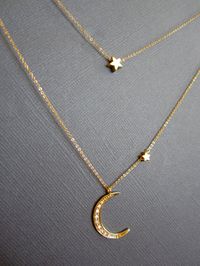 Star and Crescent Moon Necklace Layered Necklace Gold by Muse411, $64.00