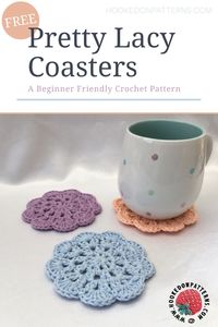 Free Pretty Lacy Coasters Crochet Pattern by Hooked On Patterns. A free, beginner friendly, crochet pattern for beautiful lacy style coasters! #Crochet #FreeCrochetPatterns #EasyCrochet #Coasters #HomeDecor #beginner