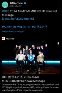 #BTS 2024 ARMY MEMBERSHIP Renewal Message
(youtu.be/vEyE2YutxYU)

#ARMY_MEMBERSHIP #방탄소년단