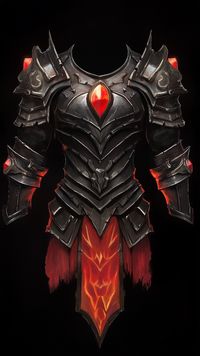 Discover the formidable dark armor designed for a gate guard in this piece of fantasy armour art. Composed of black metal plates with sharp, angular designs, it exudes intimidation and strength. A fiery red gemstone embedded at the chest adds a touch of magic artifact art, glowing with inner light. Red accents enhance the armor’s imposing appearance, embodying the essence of fantasy armour ideas. This image is perfect for enthusiasts of dark wallpapers aesthetic and fantasy armour art.