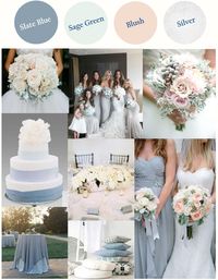 Slate Blue (or Dusty Blue) with Light Sage Green Blush and Silver with a warm white as the base.