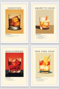 Add a touch of vintage charm to your space with our Retro Cocktail Wall Art Gallery! 🍸🎨 These digital download prints feature iconic bourbon cocktails like the Amaretto Sour, Boulevardier, Godfather, Manhattan, New York Sour, and Rob Roy. Elevate your home bar's aesthetic today! 🥂🏡 #RetroArtPrints #CocktailWallDecor #BourbonArt #MixologyMasters #HomeBarUpgrade