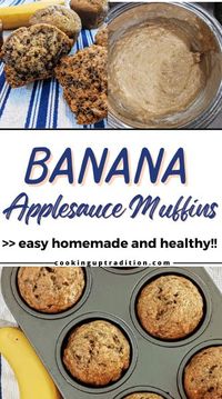 Easy Banana Applesauce Muffins that bake in 20 minutes. Made without oil or butter, these muffins make a perfect healthy snack or breakfast treat. Click for the recipe! #bananamuffins #applesauce #bananaapplesaucemuffins #healthymuffins