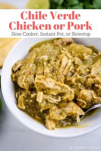 This delicious and authentic Mexican chili verde is made with chicken that's cooked in a spicy homemade green salsa until it is fall apart tender. Great for tacos, burritos, or on its own. #dinner #freezerfriendly #makeahead