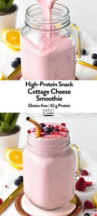 This Cottage Cheese Protein Shake contains as much as 42 grams of protein per serving and it’s guaranteed to keep you full for hours.Plus, you will love its super creamy strawberry cheesecake flavors that feel like eating a dessert.