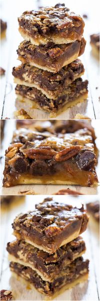 Salted Caramel and Chocolate Pecan Pie Bars - You'll never want plain pecan pie again! Caramel and chocolate makes the bars taste amazing!